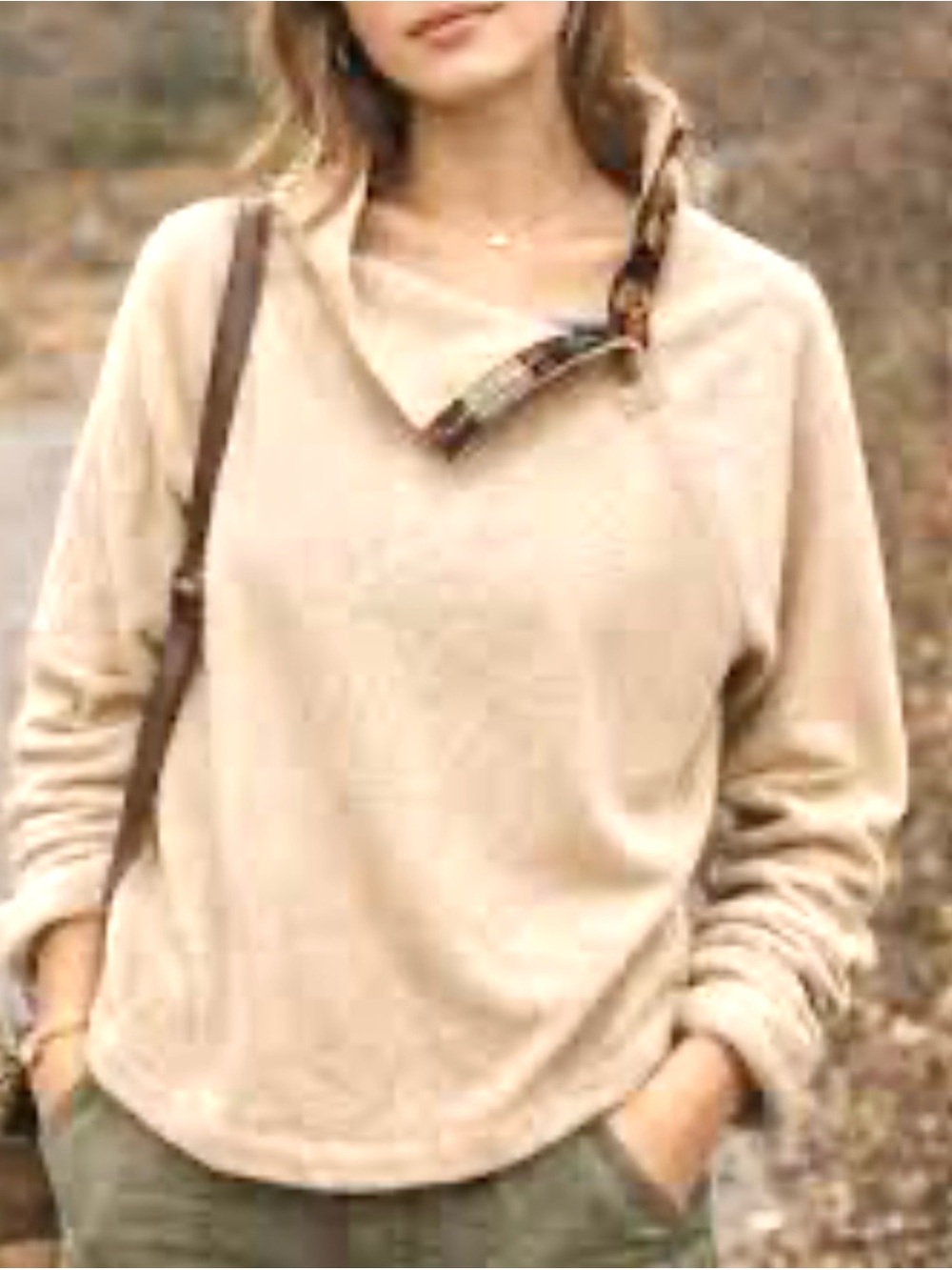 J. Crew Beige Sz S Funnel Cowl Neck Sweatshirt top red plaid trim collar